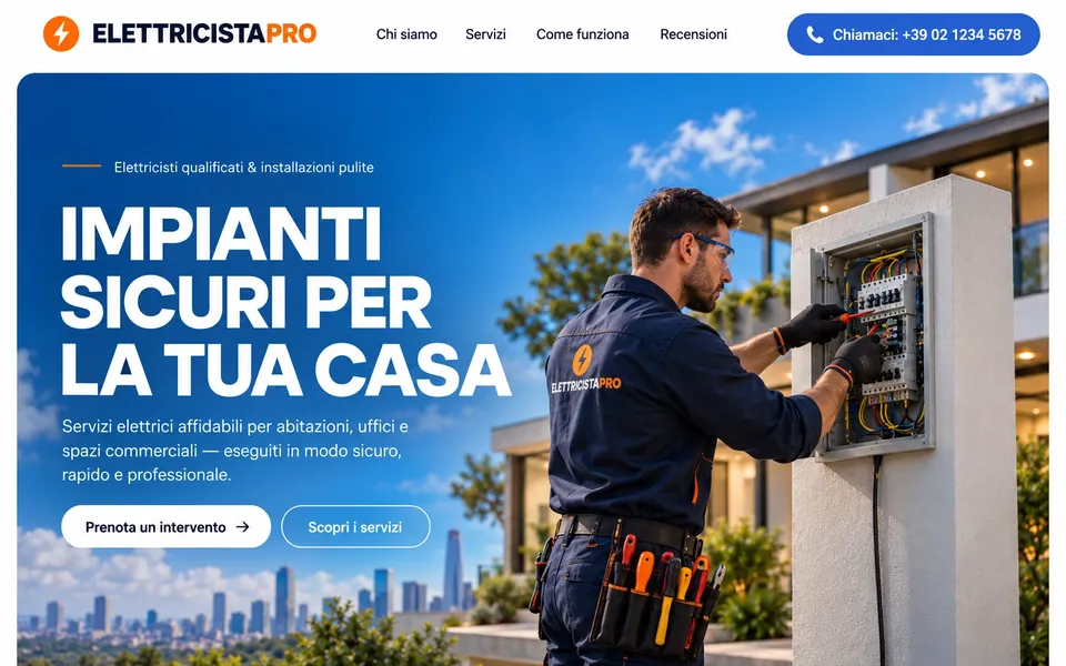 Esempio di sito per elettricista con cielo blu e quadro elettrico
