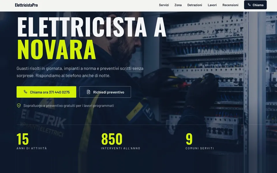 Esempio di sito per elettricista a Novara, su fondo scuro